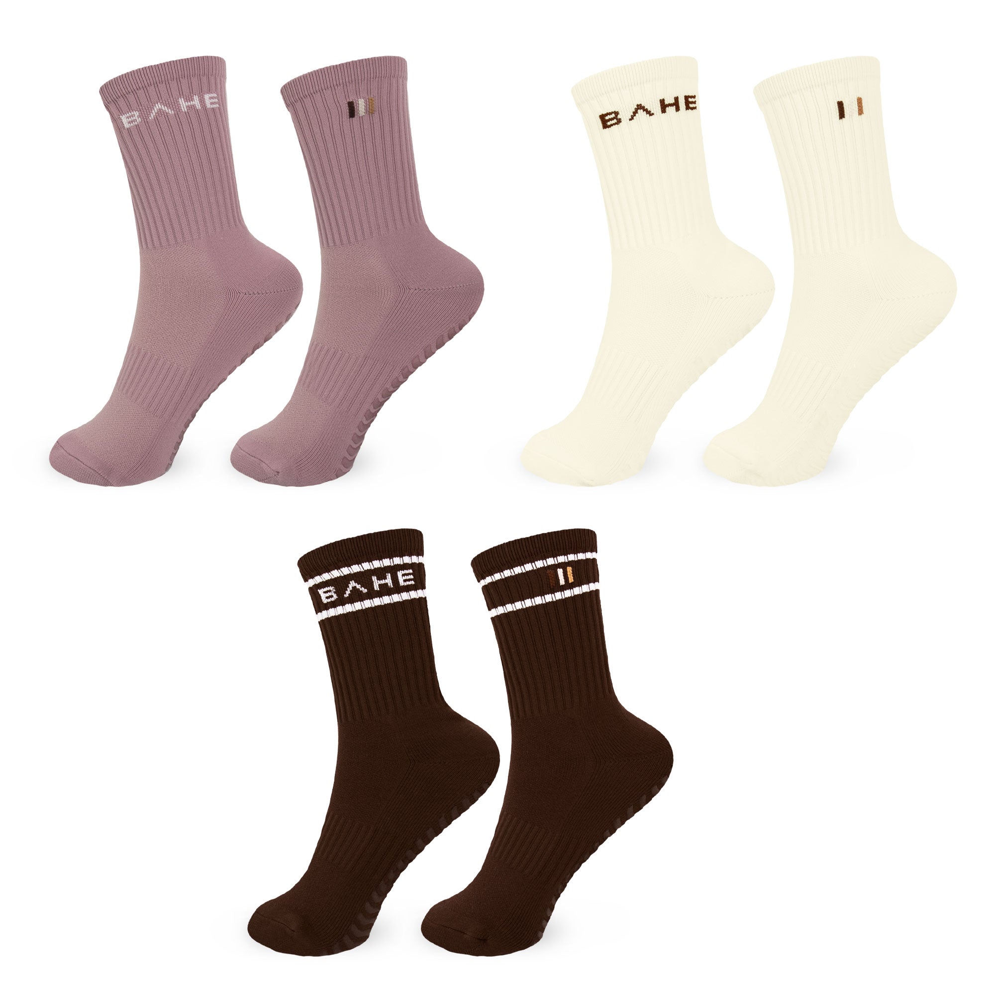 Three pairs of crew socks shown on a plain white background: mauve, cream, and dark brown. Each pair has the brand name BAHE printed near the cuff.