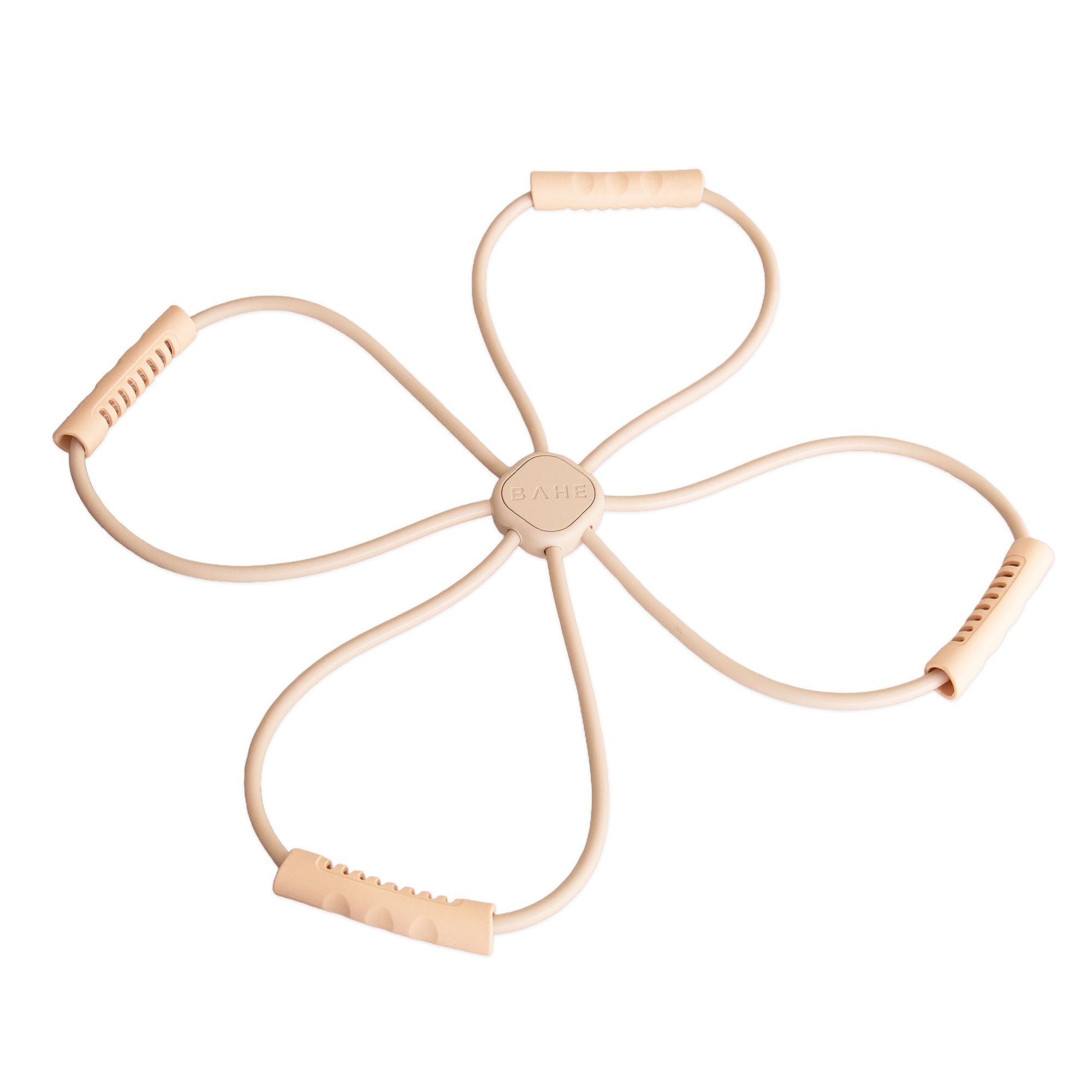 A beige four-loop resistance band exerciser with textured foam handles and a central hub, shown on a plain white background.